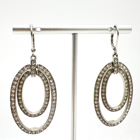 Givenchy Earrings Pave Crystal Double Oval Drop Dangle Leverback Silver Tone - Picture 8 of 9